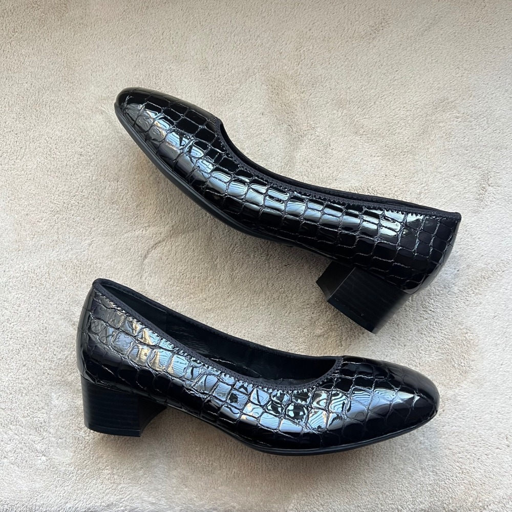 Rieker Antistress Women 7-7.5 EU 38 Black Croc Patent Leather Block Heel Pumps